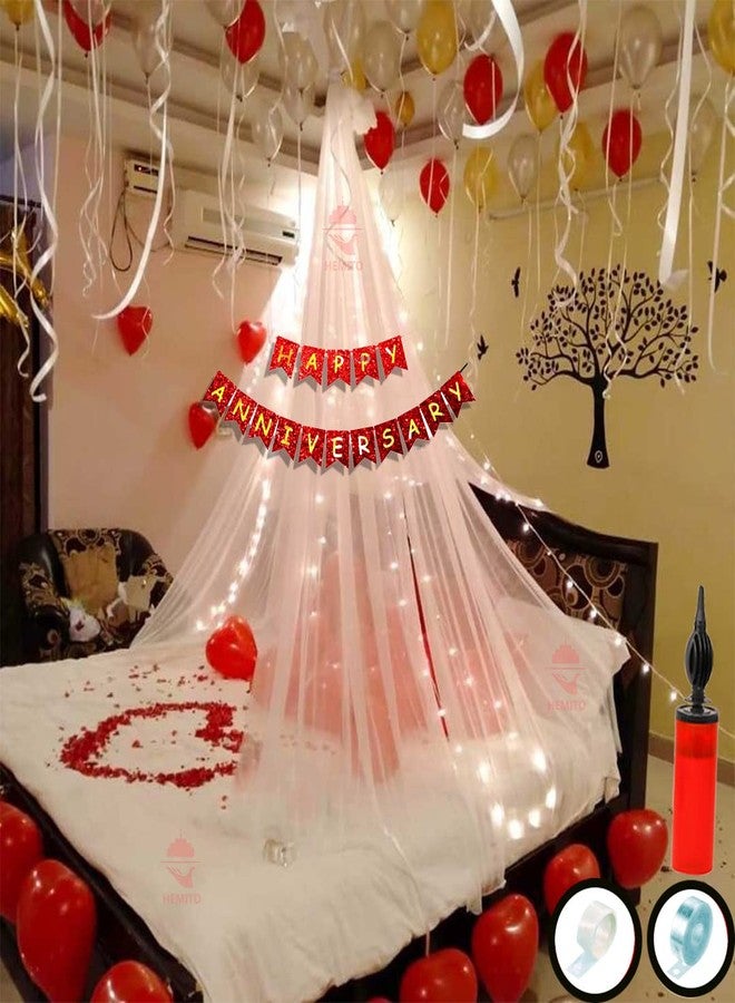 Hemito 46 Pc Tent Romantic Decoration Set Red White Yellow Balloons Led Light And Back Drop White Curtains Red Foil Heart | Bedroom Decoration Items| Romantic Party Decorations,46 Pcs - Image 1